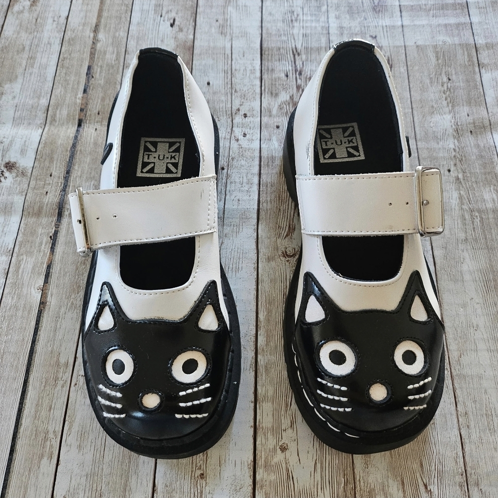 T.U.K Black and White Kitty Mary Janes